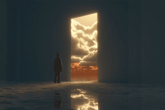 Figura diante de um portal com nuvens